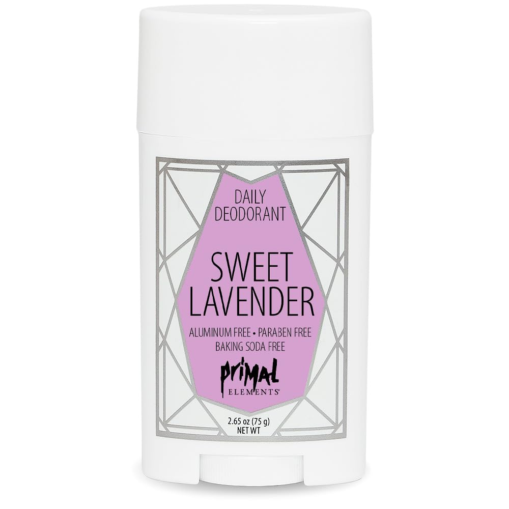 Primal Elements Sweet Lavender deodorant stick providing natural odor protection and skin-nourishing oils.