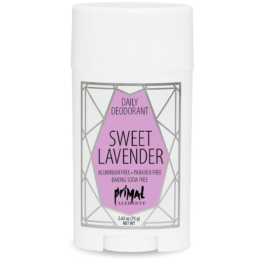 Primal Elements Sweet Lavender deodorant stick providing natural odor protection and skin-nourishing oils.