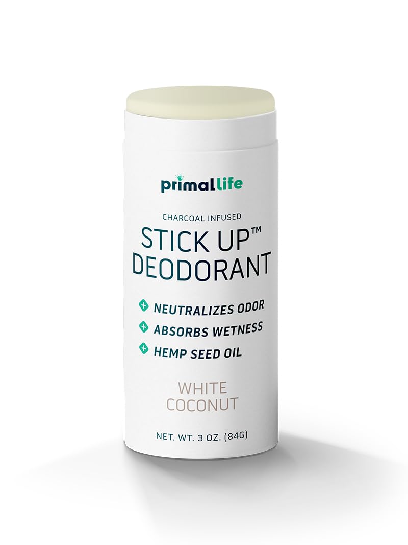 Primal Life Organics Stick Up deodorant White Coconut packaging for travel and everyday freshness.