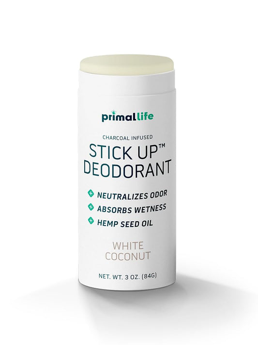 Primal Life Organics Stick Up deodorant White Coconut packaging for travel and everyday freshness.