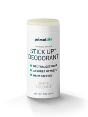 Primal Life Organics Stick Up deodorant White Coconut packaging for travel and everyday freshness.