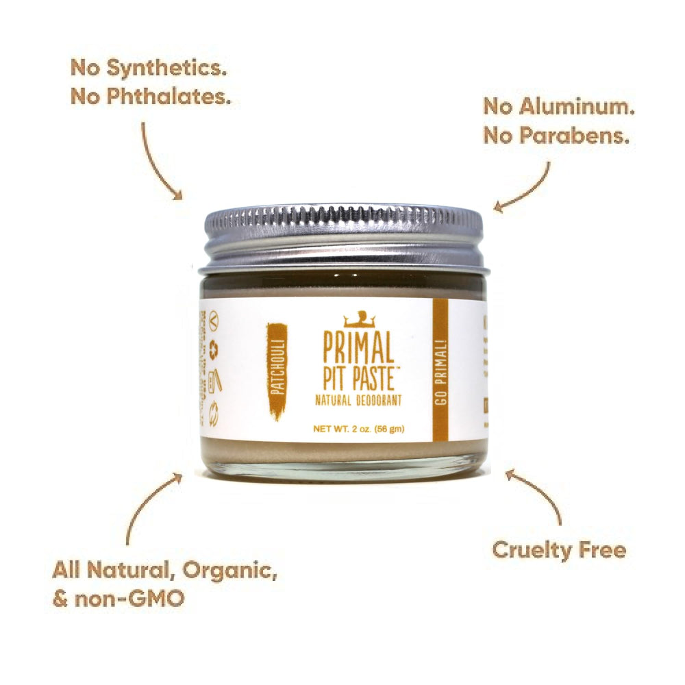 Primal Pit Paste Patchouli deodorant stick top view highlighting texture