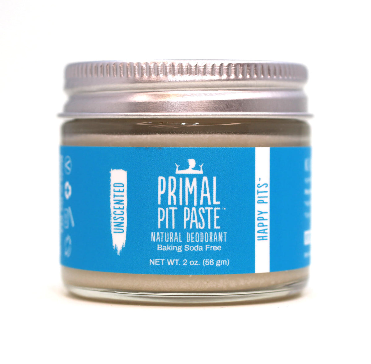 Primal Pit Paste unscented deodorant front packaging shows aluminum-free protection for sensitive skin