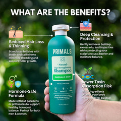 PRIMALS Hair Strengthening Shampoo pump view highlights easy daily use.