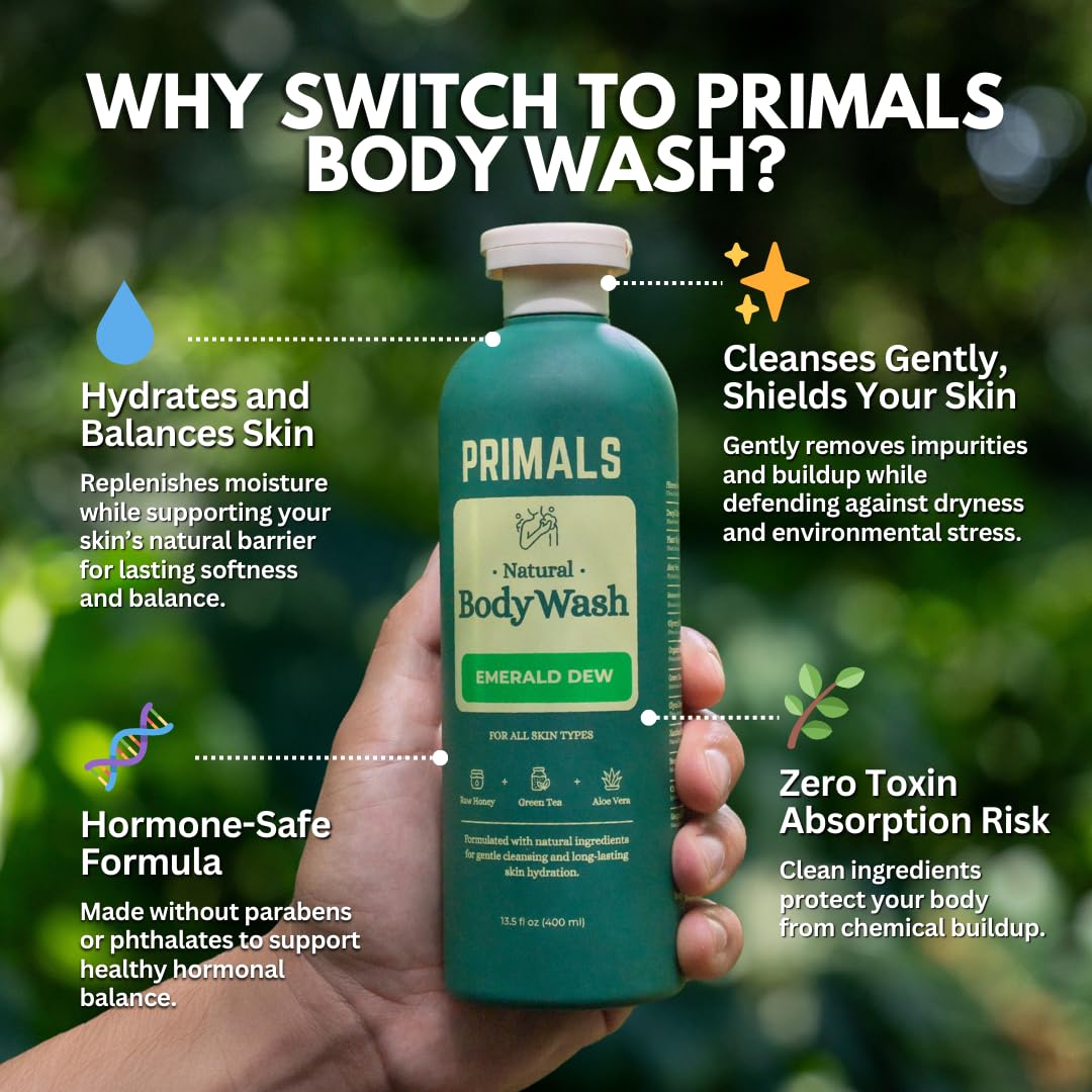 PRIMALS bottle closeup showing natural formula for sensitive skin