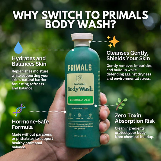 PRIMALS bottle closeup showing natural formula for sensitive skin