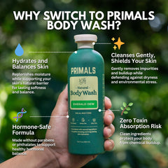 PRIMALS bottle closeup showing natural formula for sensitive skin