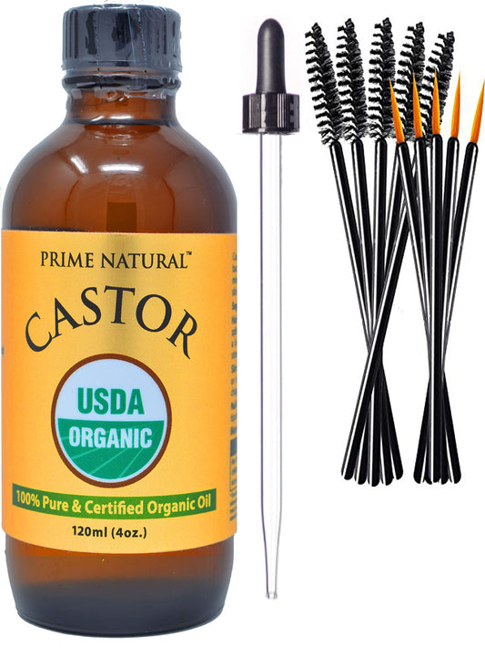 Prime Natural castor oil bottle showing pure, organic formula for versatile hair and skin care