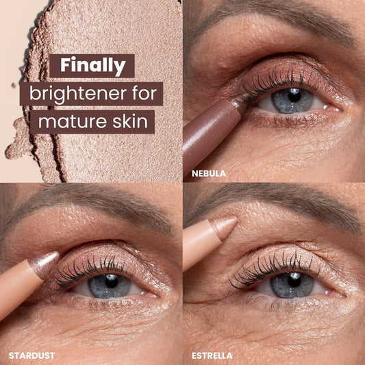 PRIME PROMETICS PrimeEyes creamy shadow swatch demonstrates buildable radiance for mature lids.