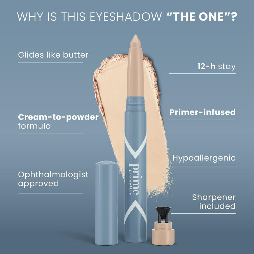 Prime Prometics PrimeEyes powder-to-cream texture glides smoothly, reducing tugging on sensitive eyelids.