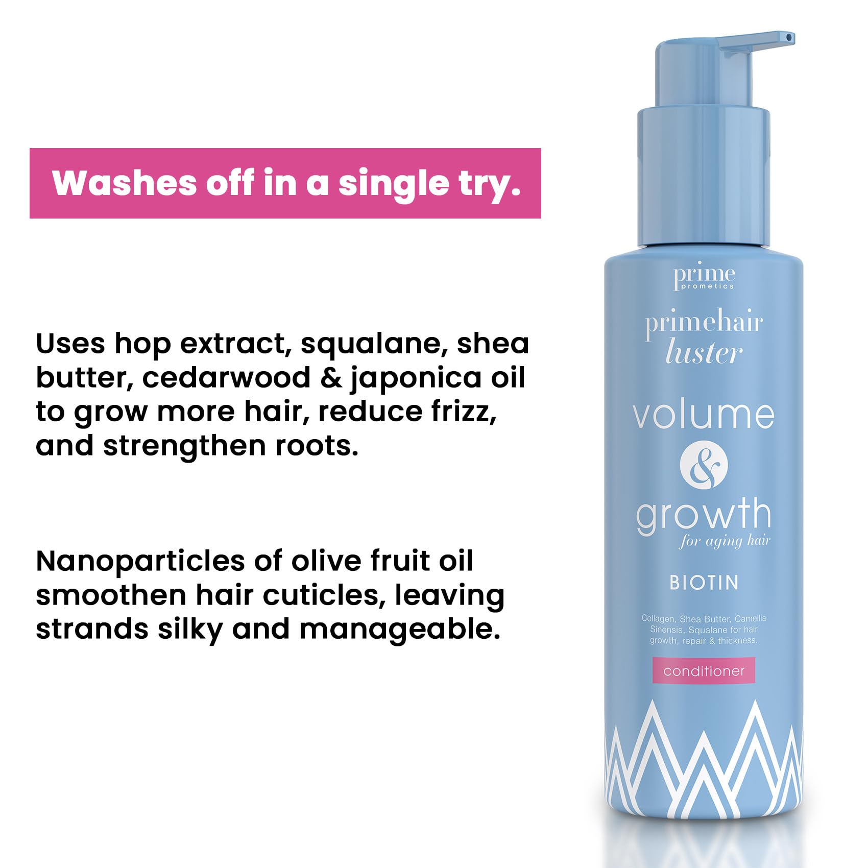 PrimePrometics PrimeHair Luster conditioner hair closeup showing silky, strengthened strands.