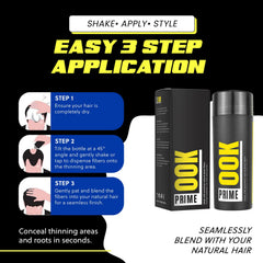 Prime Look Hair Building Fibers application process shows easy, step-by-step use.