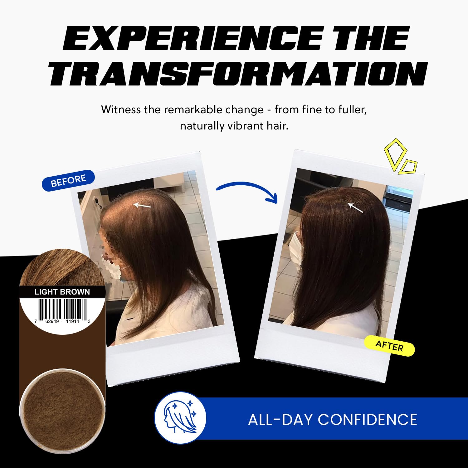 Prime Look Hair Building Fibers color match demonstrates seamless blend with natural hair.