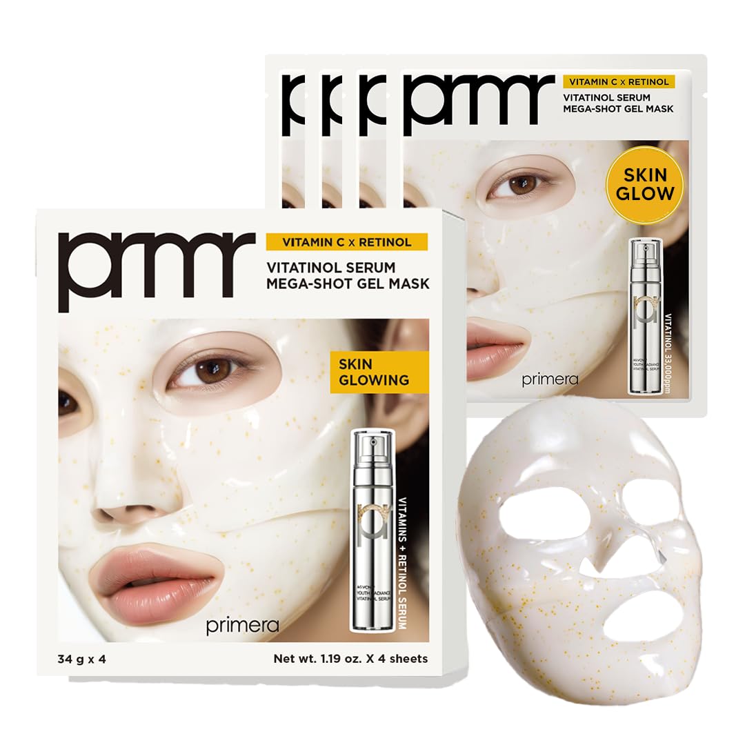 Primera Vitatinol Serum Gel Mask bottle pour indicating active delivery for hydrated skin.