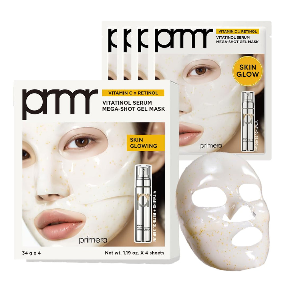 Primera Vitatinol Serum Gel Mask bottle pour indicating active delivery for hydrated skin.