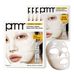 Primera Vitatinol Serum Gel Mask bottle pour indicating active delivery for hydrated skin.