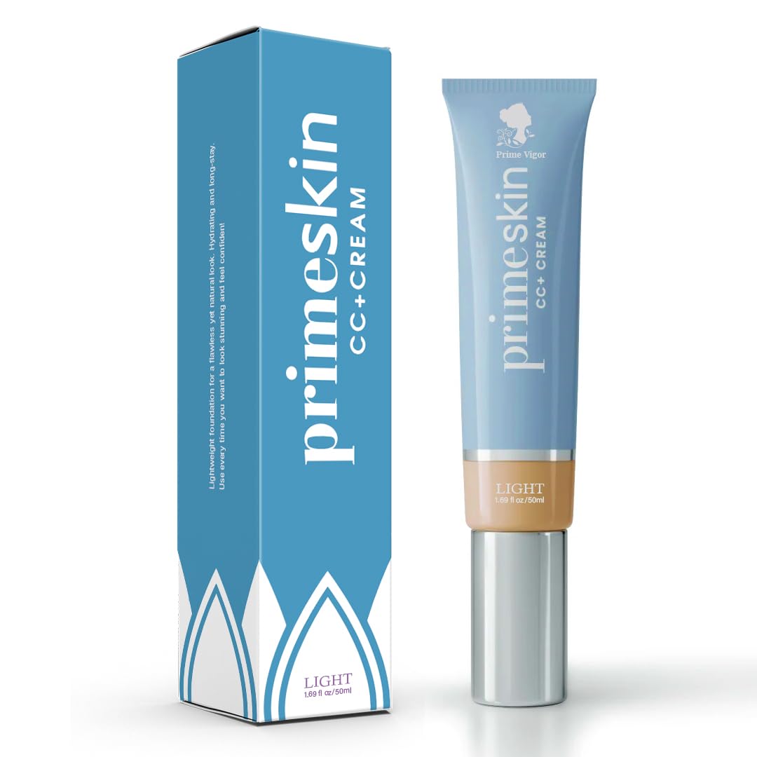 PrimeSkin CC+ Cream light bottle close-up showing satin, lightweight feel for mature skin