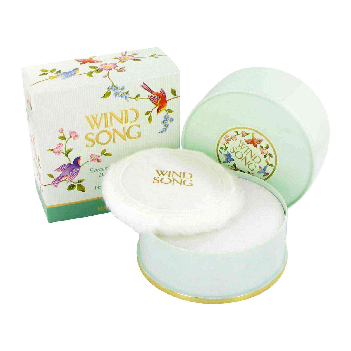 Prince Matchabelli Wind Song dusting powder bottle for enduring floral fragrance and subtle warmth