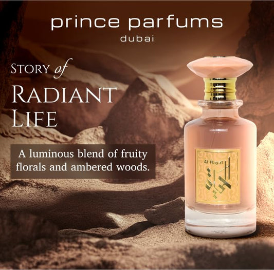 Prince Parfums Dubai Al Hayat bottle close-up highlighting glass and amber tones.