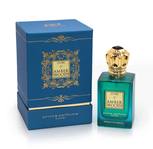 Prince Parfums Dubai Amber Woods bottle showcases a luxurious scent journey for evenings.