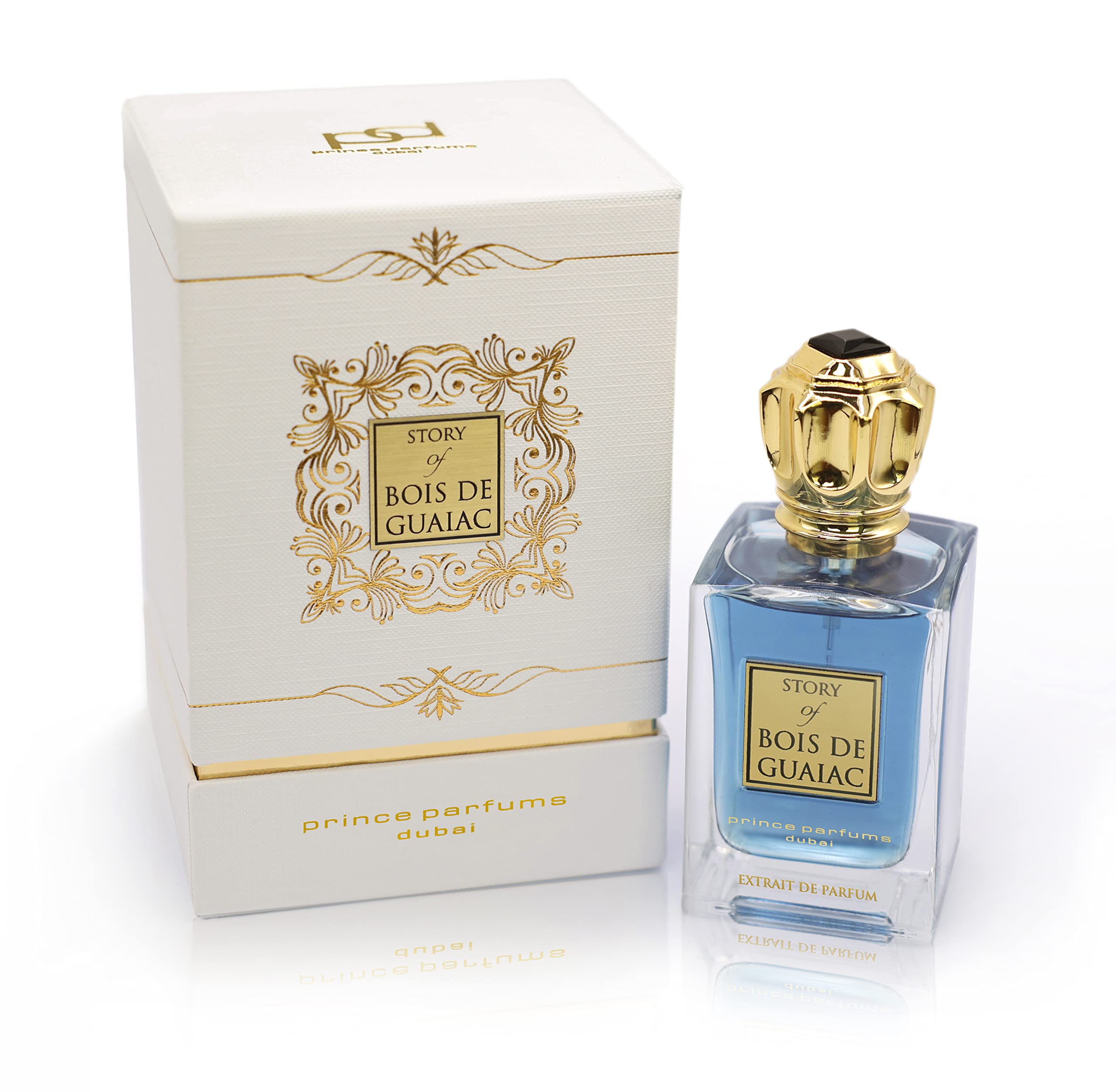 Prince Parfums Dubai Bois de Guaiac bottle highlights luxury craftsmanship and rich wood notes.