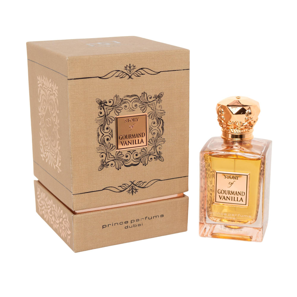 Prince Parfums Dubai Story of Gourmand Vanilla bottle front, showcasing premium packaging and vanilla notes for evenings