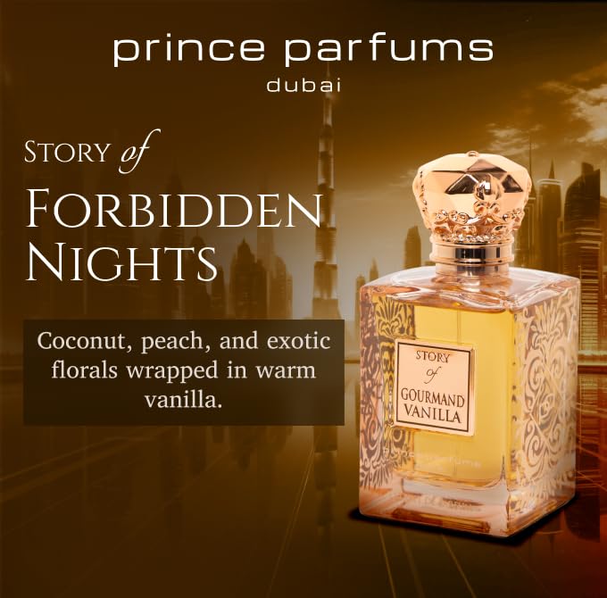 Prince Parfums Dubai Story of Gourmand Vanilla bottle pour, highlighting lasting gourmand aroma