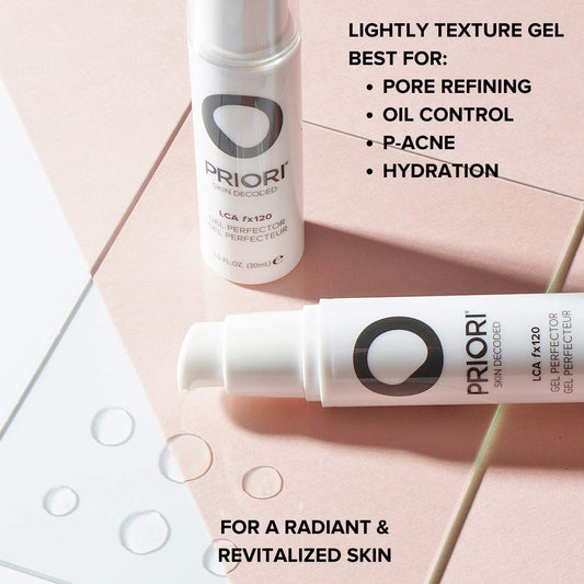 PRIORI Gel Perfector close-up highlights unclogged pores for a smoother complexion.
