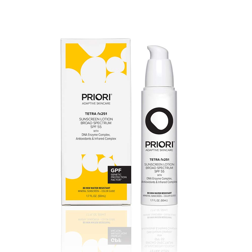 PRIORI Tetra Sunscreen Lotion SPF 55 bottle with reef-safe mineral protection