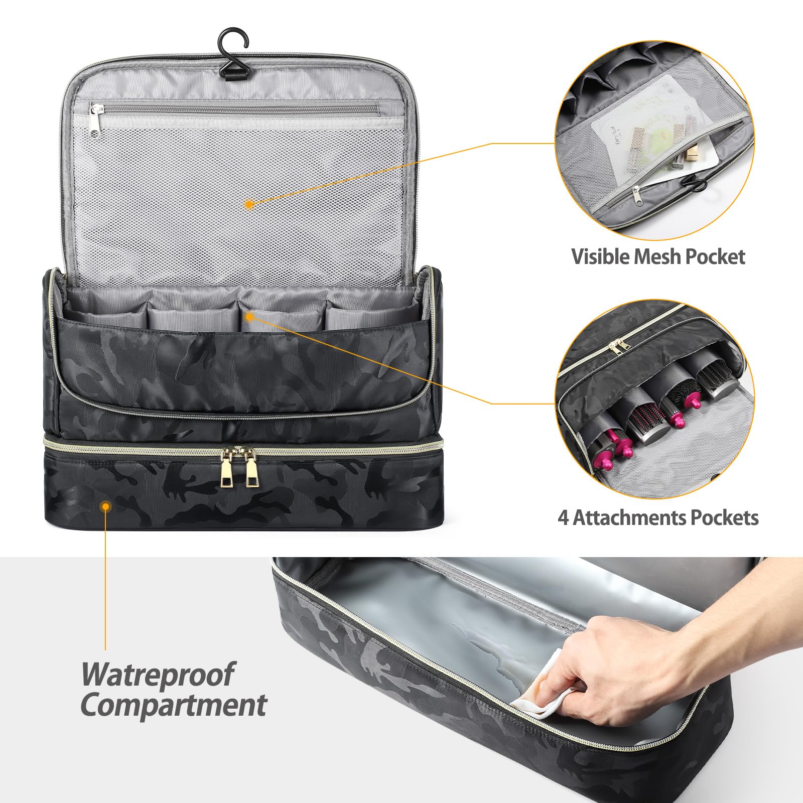 Pripher waterproof compartment protects tools in bathroom and during trips.