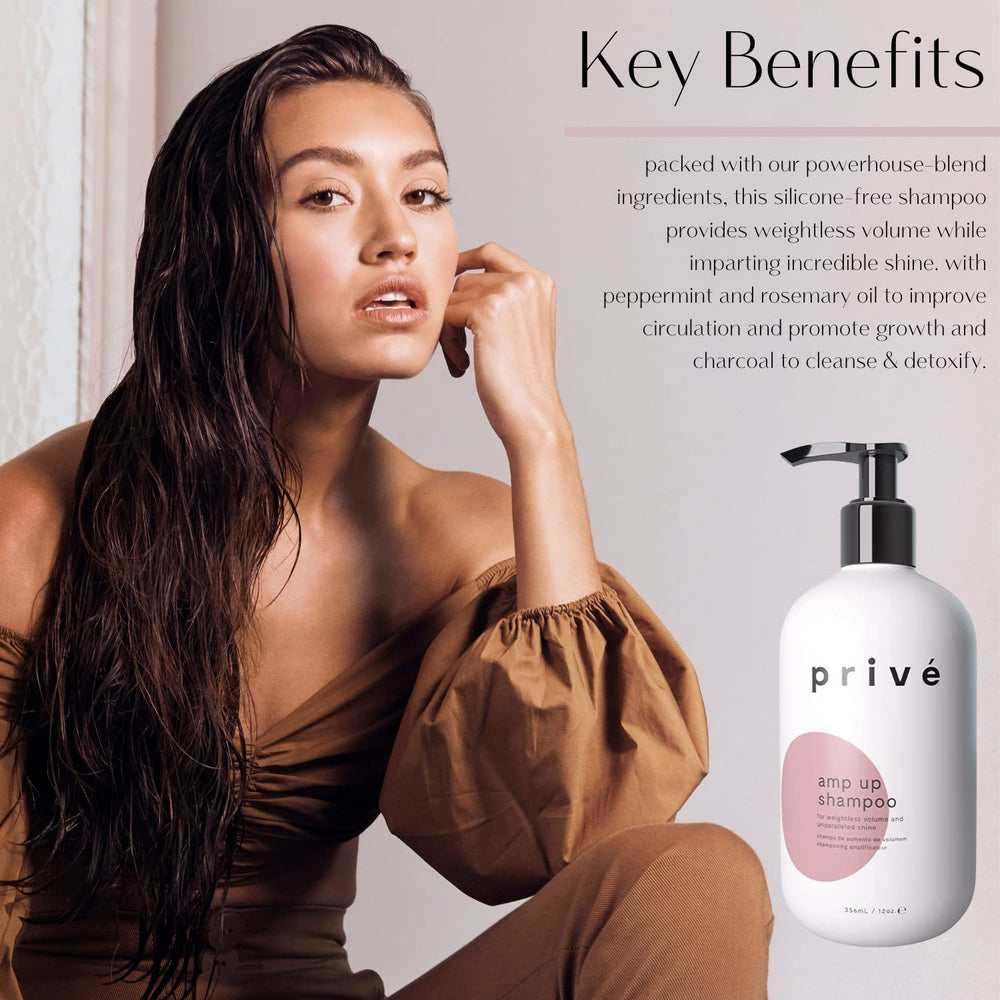 Pouring Privé Amp Up shampoo into hand for application