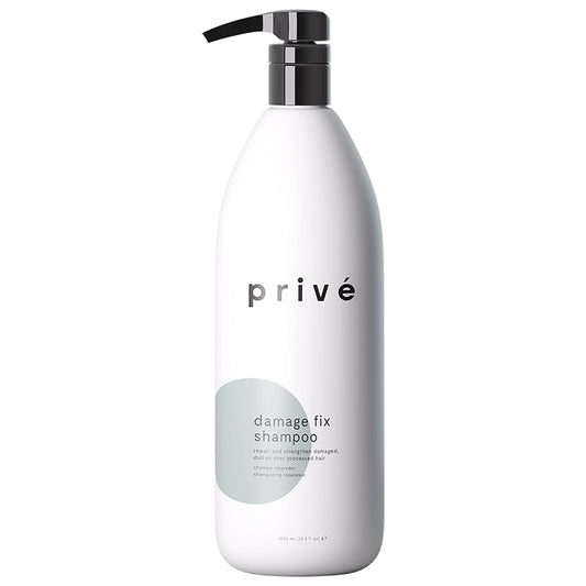 Prive Damage Fix Shampoo bottle shows color-safe, sulfate-free repair for damaged hair