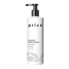 Privé lemon verbena lotion bottle showing deep hydration for skin