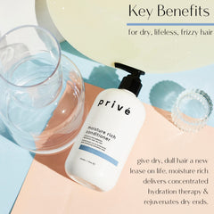 Prive Moisture Rich Conditioner ingredients highlight organic shea butter for nourished hair