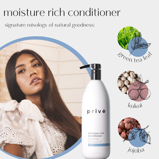 Prive Moisture Rich Conditioner pump highlights easy, mess-free application for frizz-prone hair