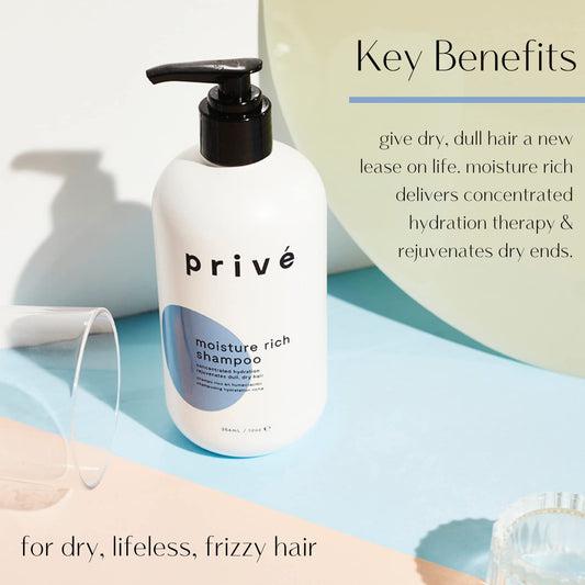 Prive Moisture Rich Shampoo bottle back label highlights Shea Butter formula