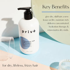 Prive Moisture Rich Shampoo bottle back label highlights Shea Butter formula
