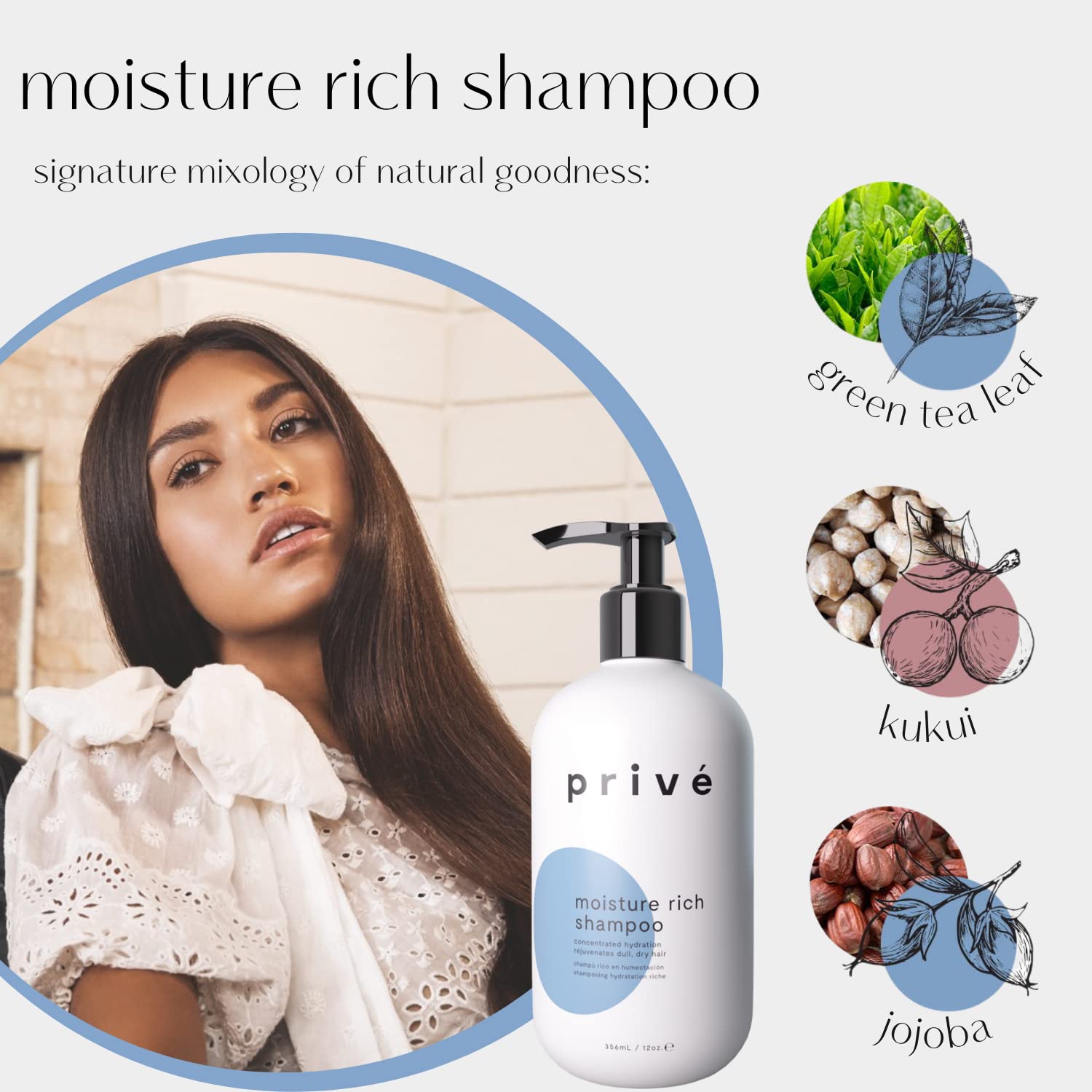 Prive Moisture Rich Shampoo foam on hair demonstrates luxurious cleansing during application