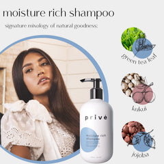 Prive Moisture Rich Shampoo foam on hair demonstrates luxurious cleansing during application