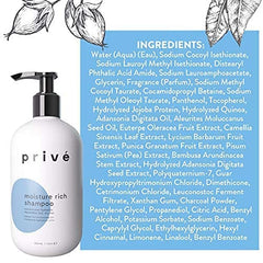 Prive Moisture Rich Shampoo in shower scene emphasizes color-safe cleansing