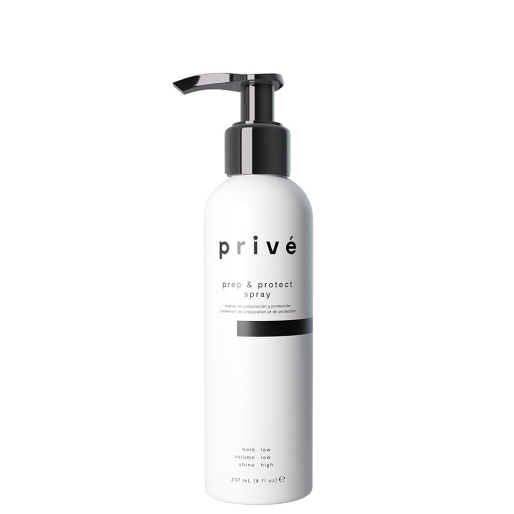 Privé Prep & Protect bottle pour, lightweight heat protection for smooth blowouts.