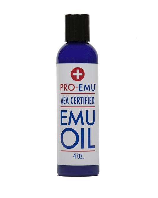 Pro Emu Oil bottle showing pure, moisturizing formula for face and skin.