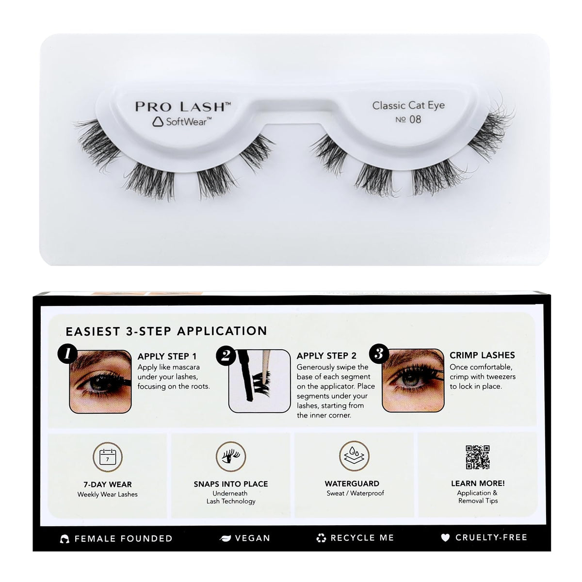 Pro Lash SoftWear cat-eye No. 08 black lashes for a natural tapered look.