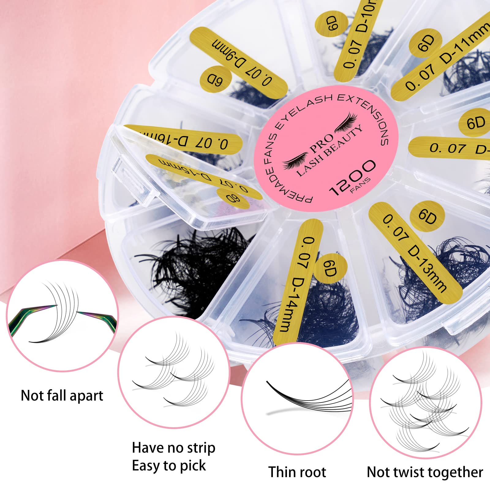 PRO LASHBEAUTY handmade volume fans in a mixed 5D–14D tray.