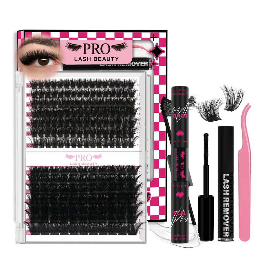 PRO LASHBEAUTY lash clusters kit tray with featherlike 3D lashes for natural volume.