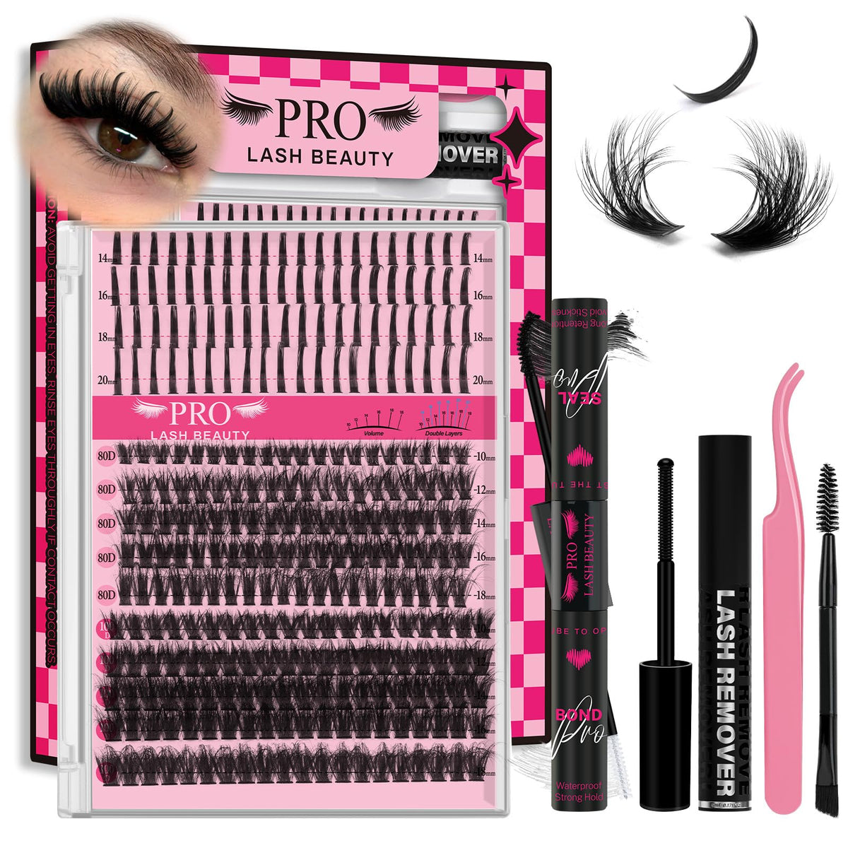 PRO LASHBEAUTY lash clusters tray with 80D and 100D for a lush 3D effect.