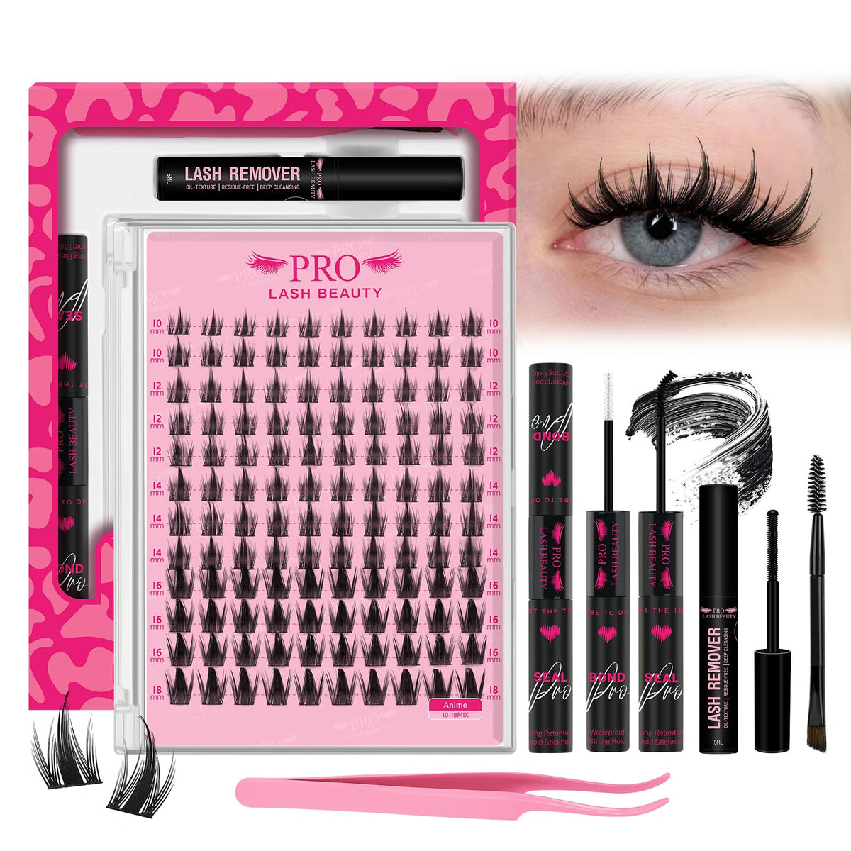 PRO LASHBEAUTY Manga Lash Clusters Kit content with 120 clusters and tools for easy DIY lashes