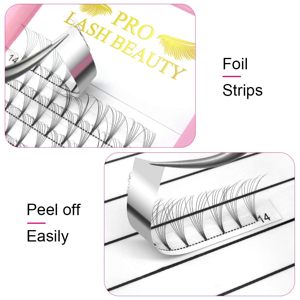 PRO LASHBEAUTY premade fans 18mm length in a tray for versatile styling.