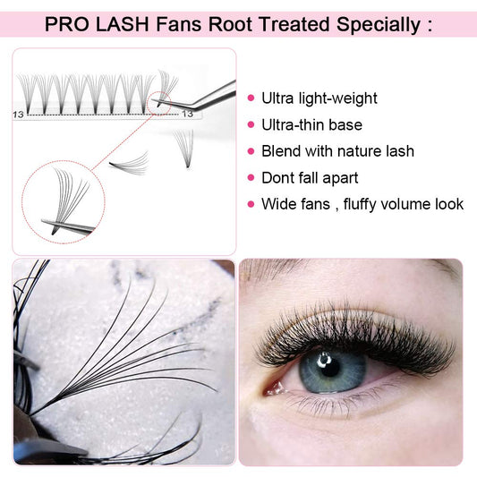 PRO LASHBEAUTY premade fans 18mm for longer eye drama and seamless blend.