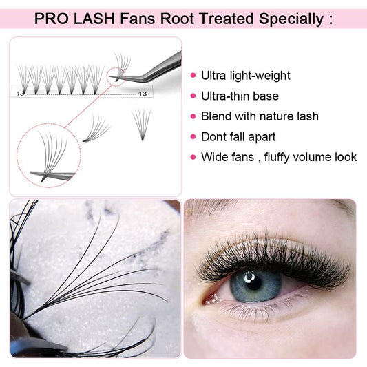 PRO LASHBEAUTY Premade Fans short-stem closeup highlights secure base and seamless blend.